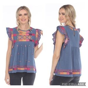 ARC NC / Blue with Multicolored Embroidery Flutter Sleeve Top Linen Blend Size M